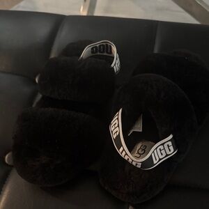 UGG Kids Black Fluffy Slippers